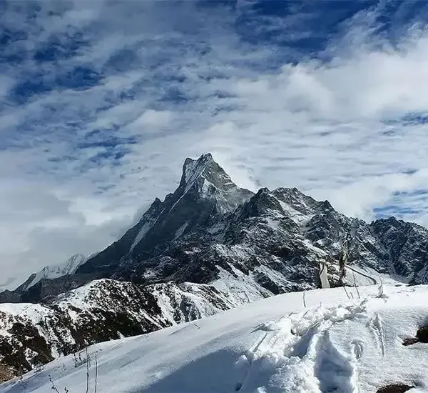 Snow-covered Machhapuchhre mountain peak